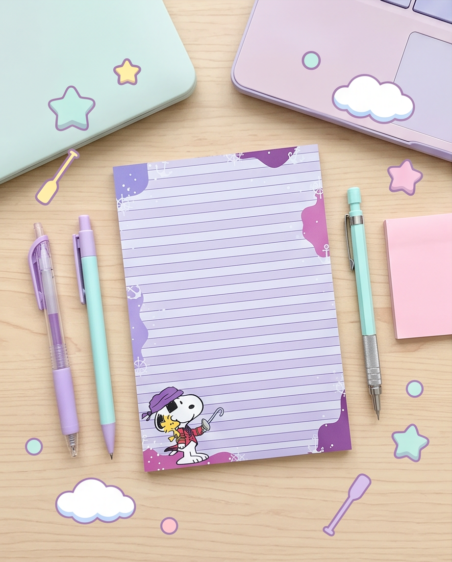 Pirate Snoopy Purple Lined Notepad | Cute Peanuts Writing Pad for School, Office & Journaling