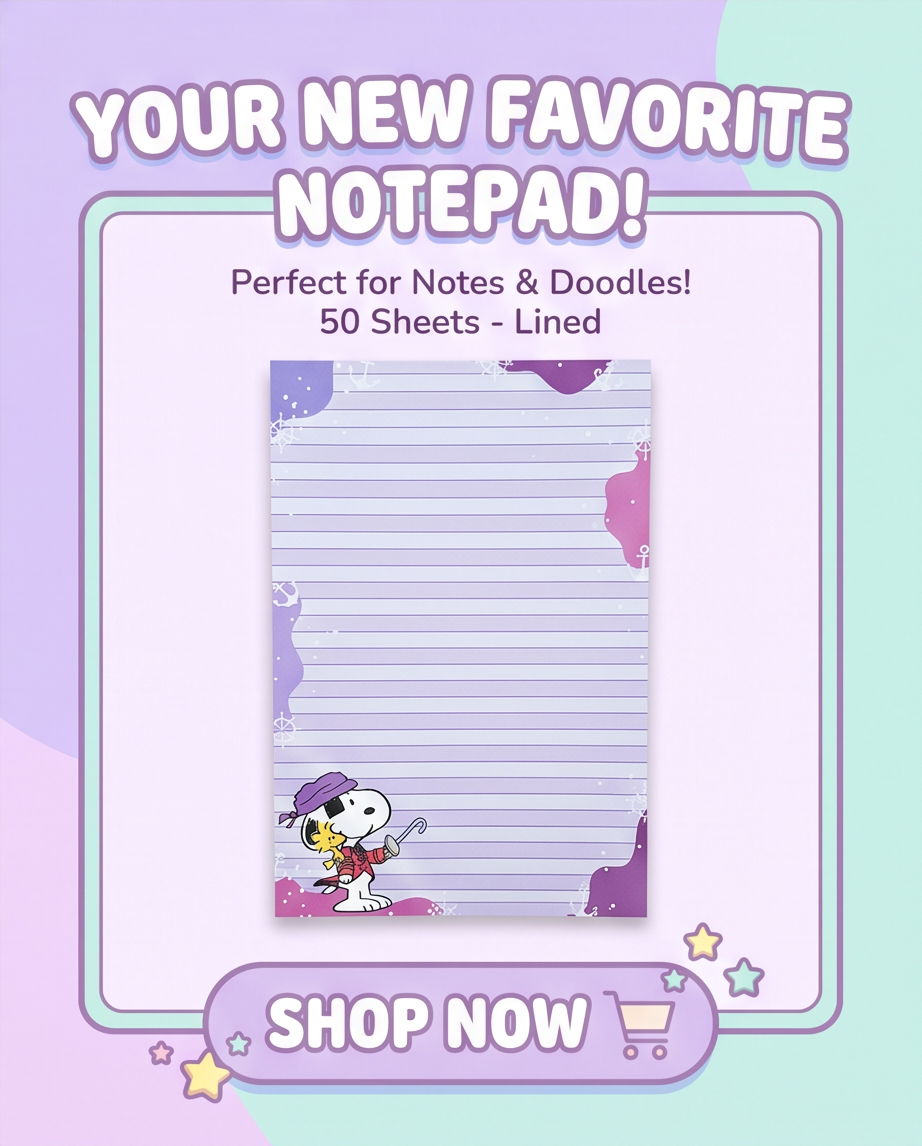 Pirate Snoopy Purple Lined Notepad | Cute Peanuts Writing Pad for School, Office & Journaling