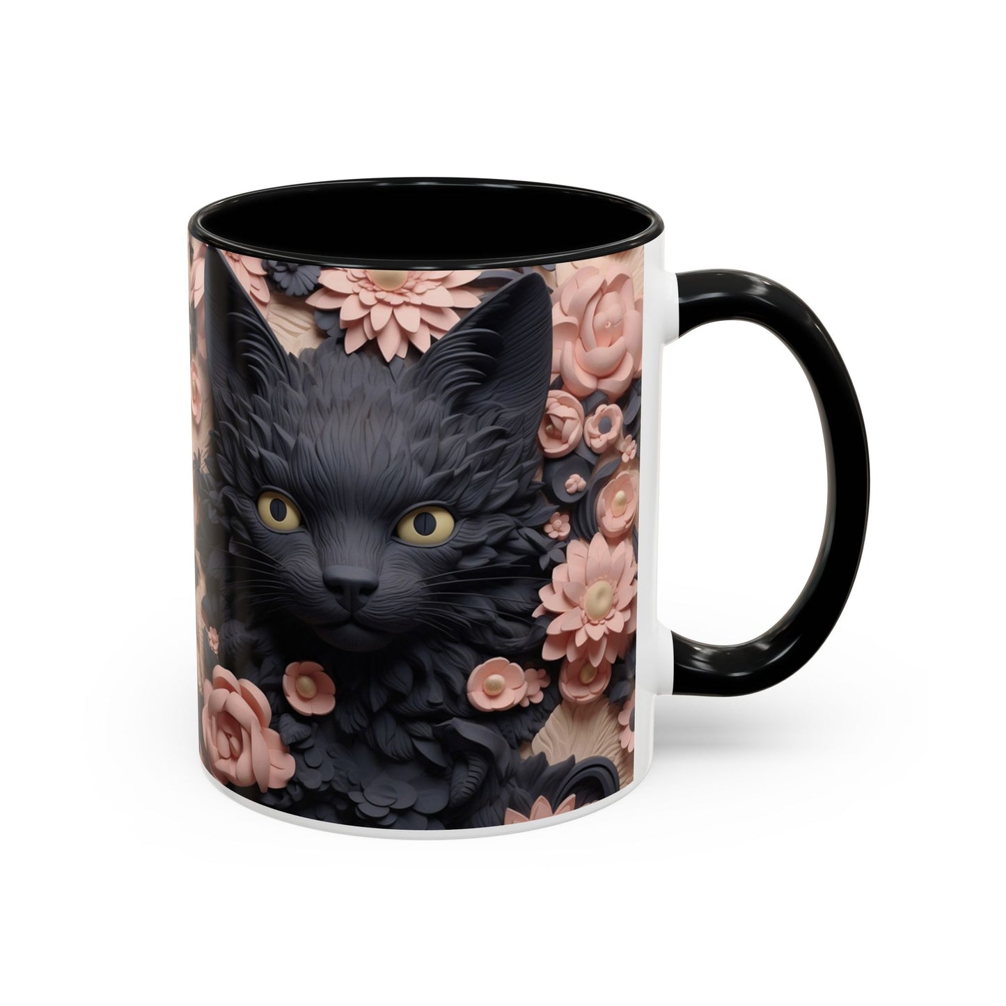 Black Cat & Pink Roses Accent Coffee Mug  11/15oz Floral Cat Art
