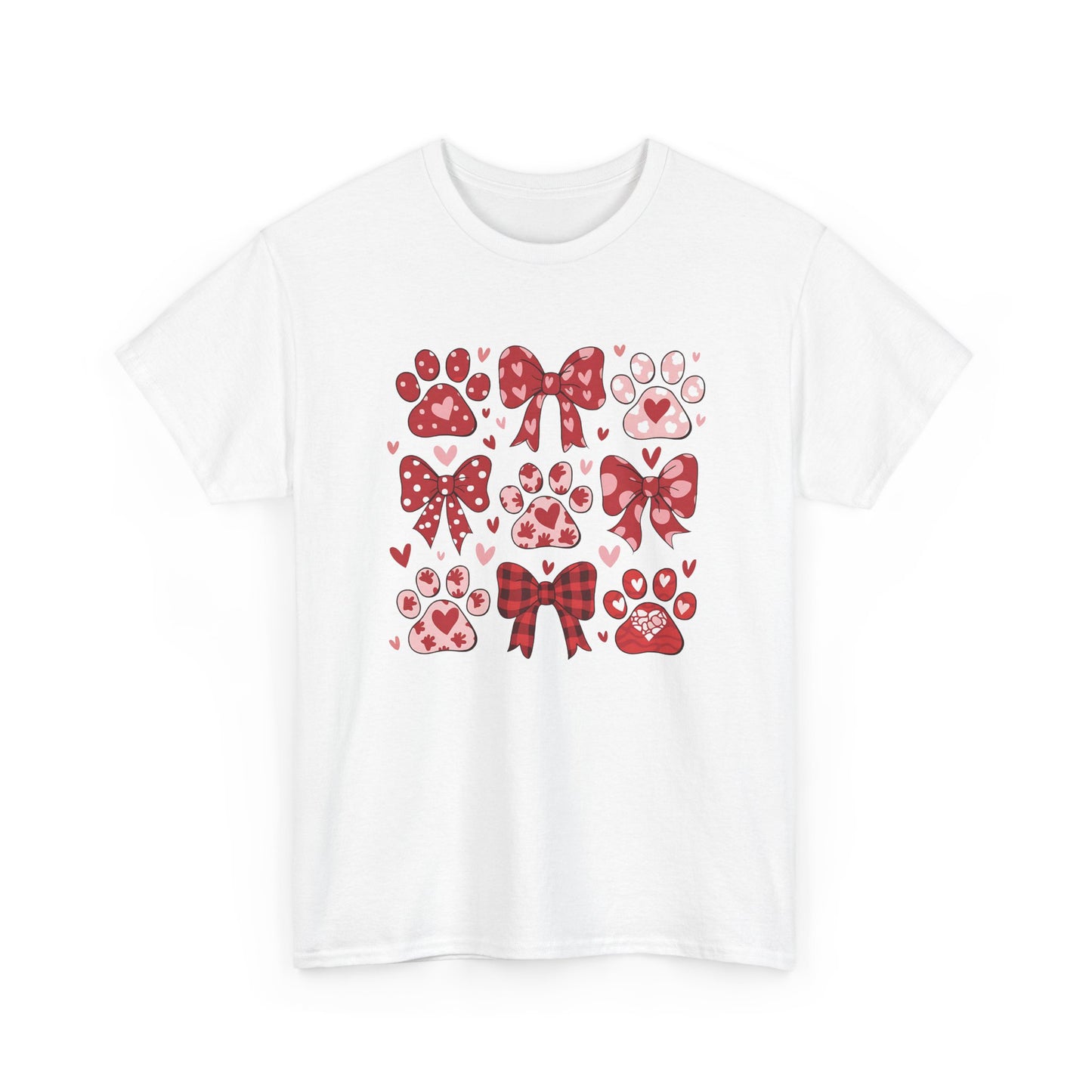 Red Paw Prints and Bows Tee | Cute Cat Dog Paw Heart Pattern