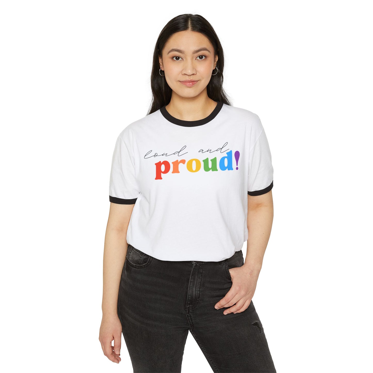 Loud and Proud rainbow script T-Shirt | Pride retro ringer tee