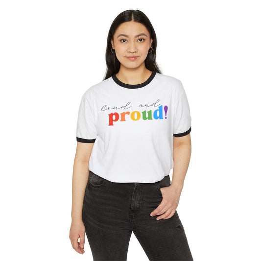Loud and Proud rainbow script T-Shirt | Pride retro ringer tee