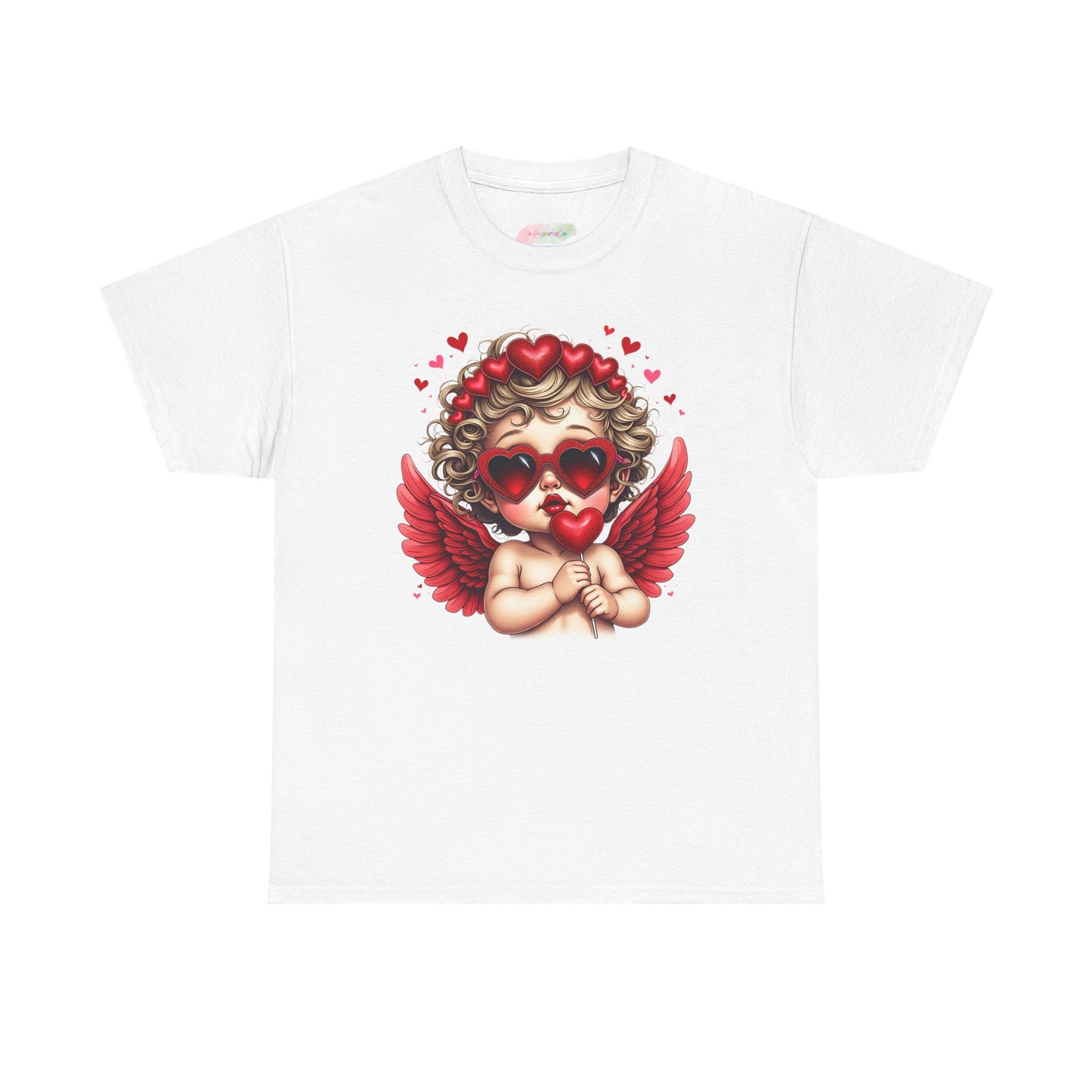 Valentine Cherub Heart Sunglasses T-Shirt | Cupid Angel with Red Wings