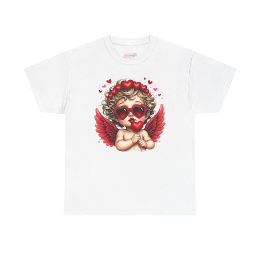 Valentine Cherub Heart Sunglasses T-Shirt | Cupid Angel with Red Wings