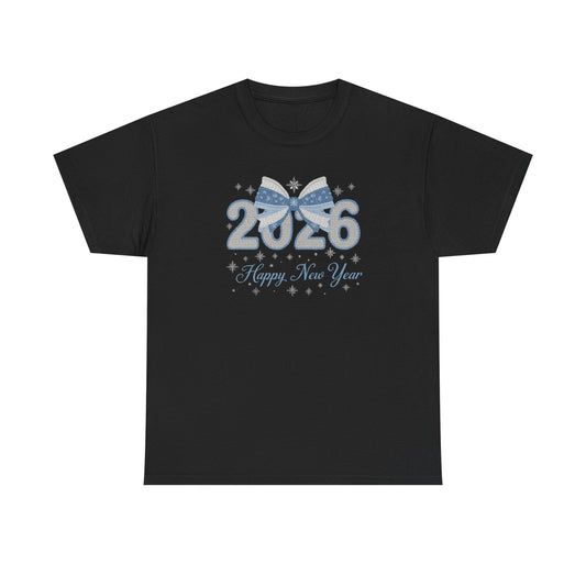 2026 Happy New Year Tee Festive Blue Bow New Year T-Shirt