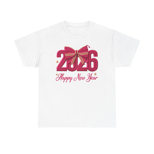 2026 Happy New Year Tee – Festive Pink Bow Celebration T-Shirt