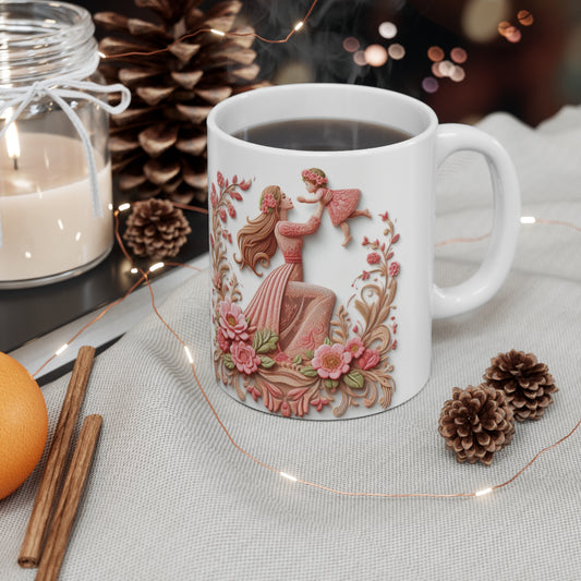 Mother and Daughter Floral Mug — 11oz Ceramic Coffee Cup, Tender Mom Love Gift