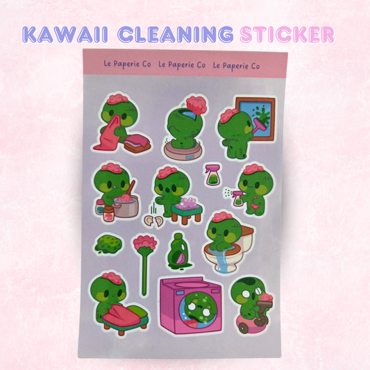 Kawaii Cleaning Sticker Sheet | Kawaii Character Decals for Planners, Laptops