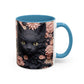 Black Cat & Pink Roses Accent Coffee Mug  11/15oz Floral Cat Art