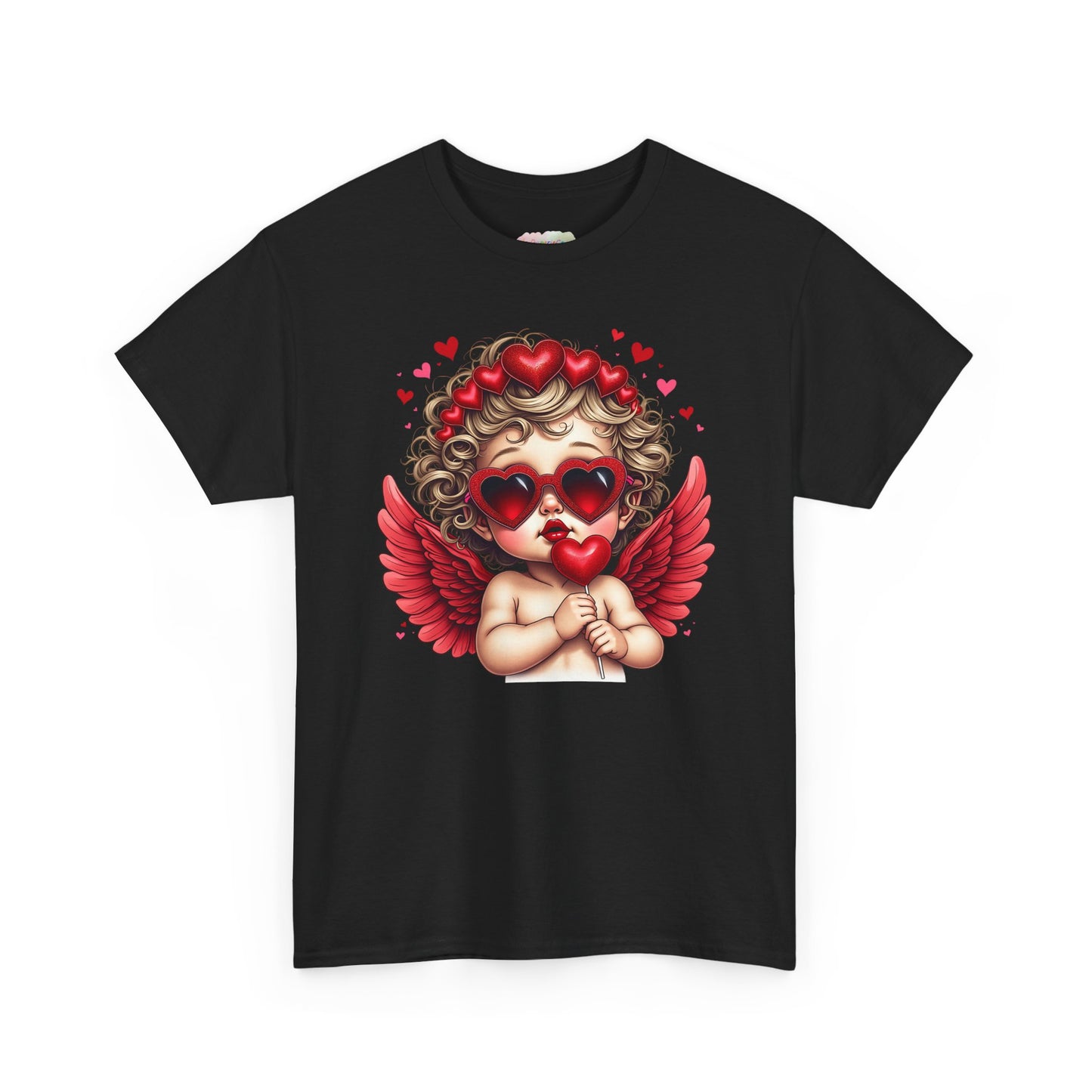 Valentine Cherub Heart Sunglasses T-Shirt | Cupid Angel with Red Wings