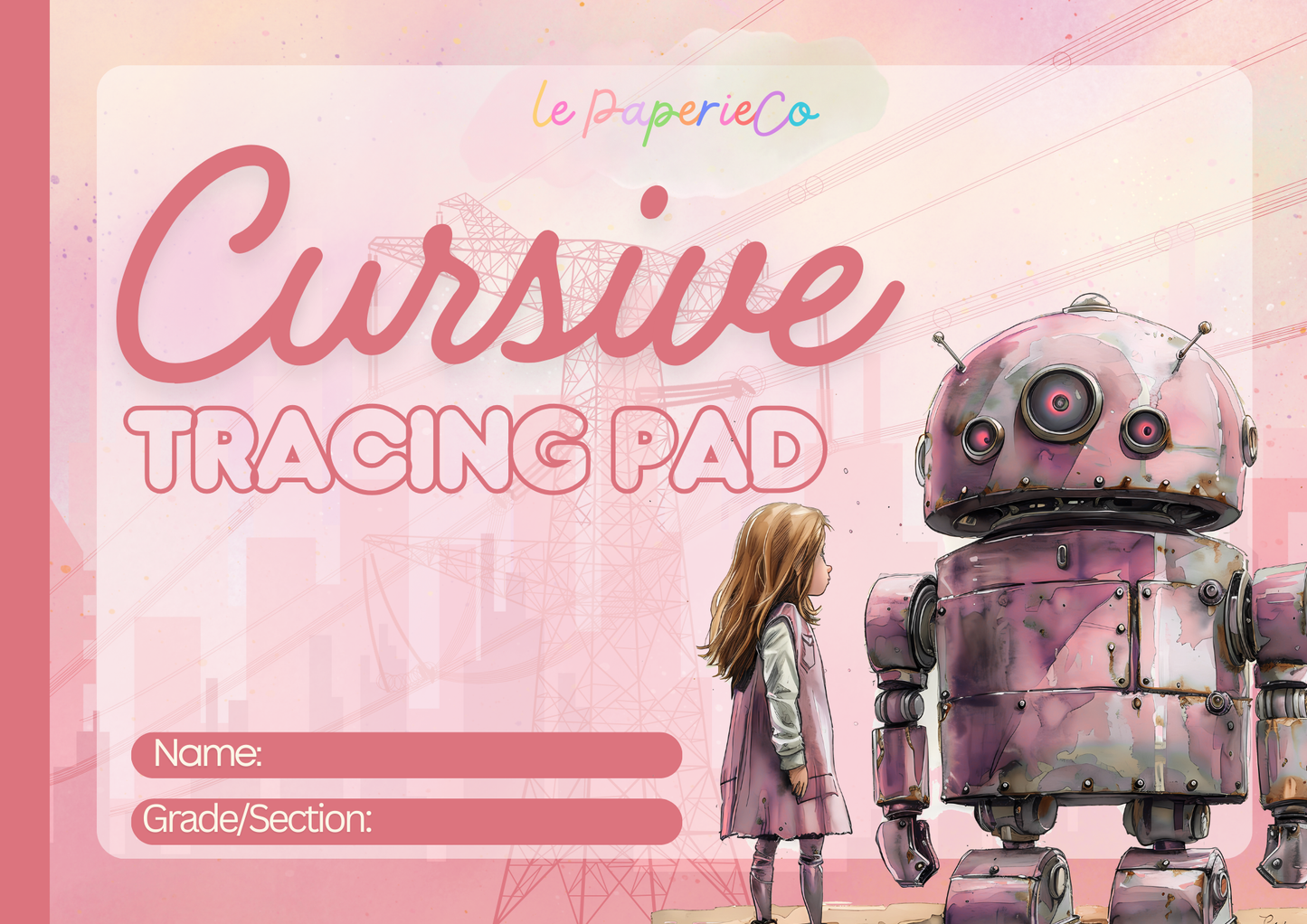 Cursive Letter Tracing Pad - Pink Robot Theme | Digital Download