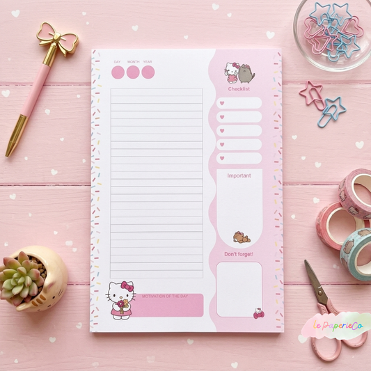 Kawaii Hello Kitty Daily Planner Notepad | Half Letter Size, 50 pages