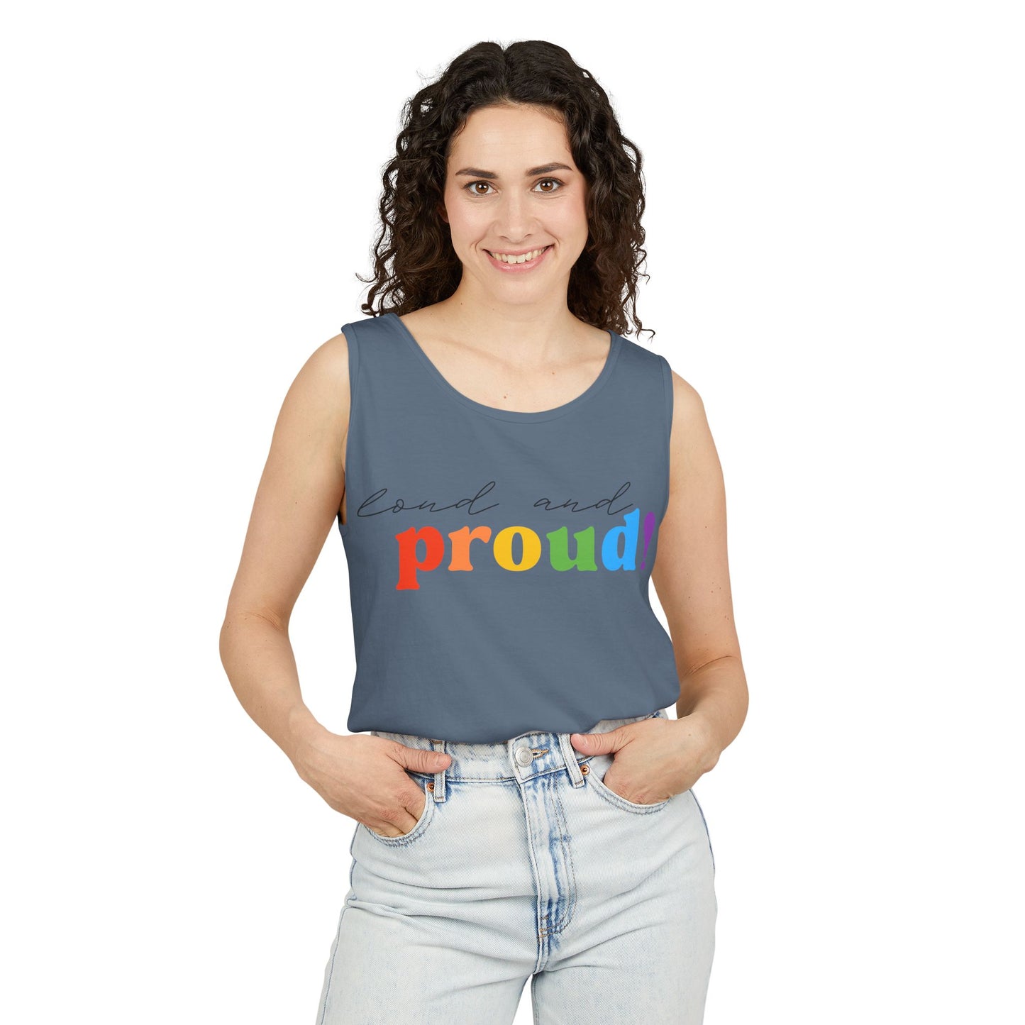 loud and proud! rainbow text Tank Top | Pride LGBTQ+ apparel