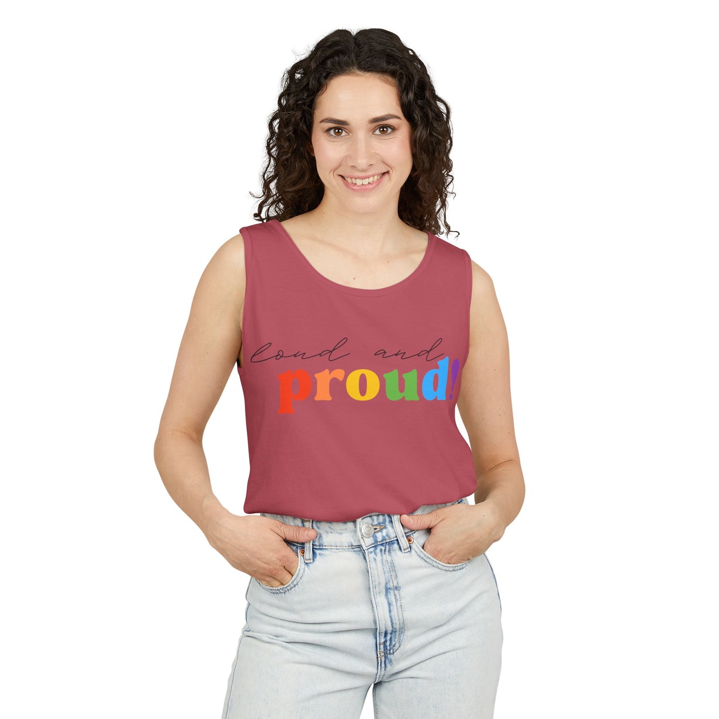 loud and proud! rainbow text Tank Top | Pride LGBTQ+ apparel
