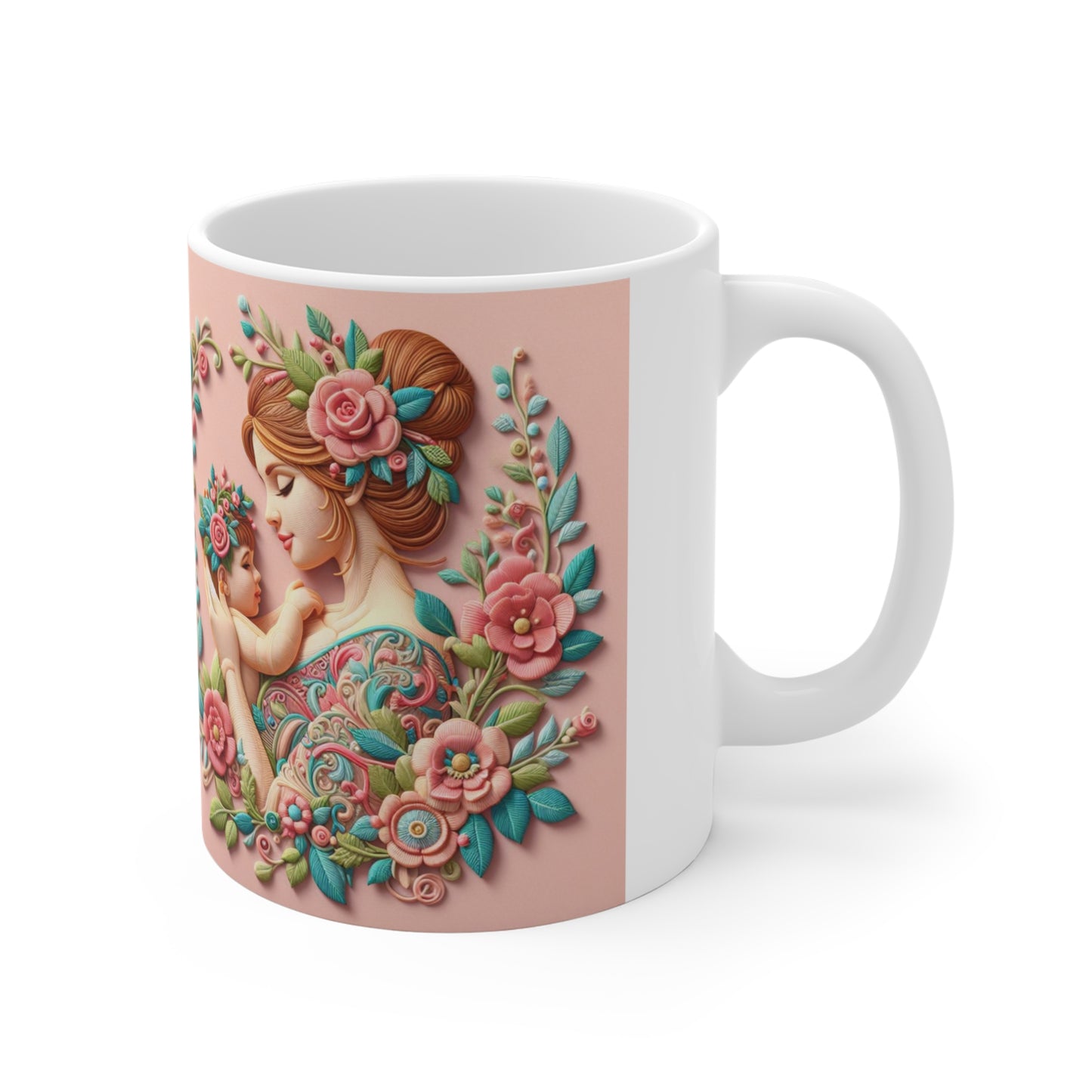 11oz Floral Mother & Child Gift Mug — Pink Vintage Floral Tea Coffee Cup