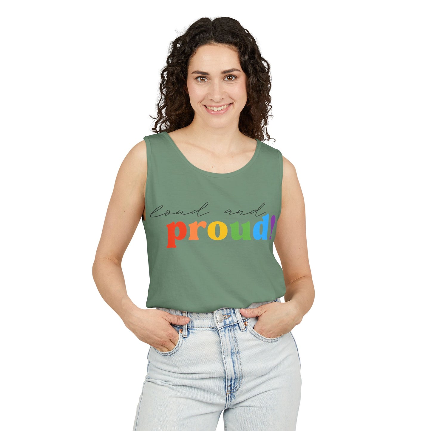 loud and proud! rainbow text Tank Top | Pride LGBTQ+ apparel