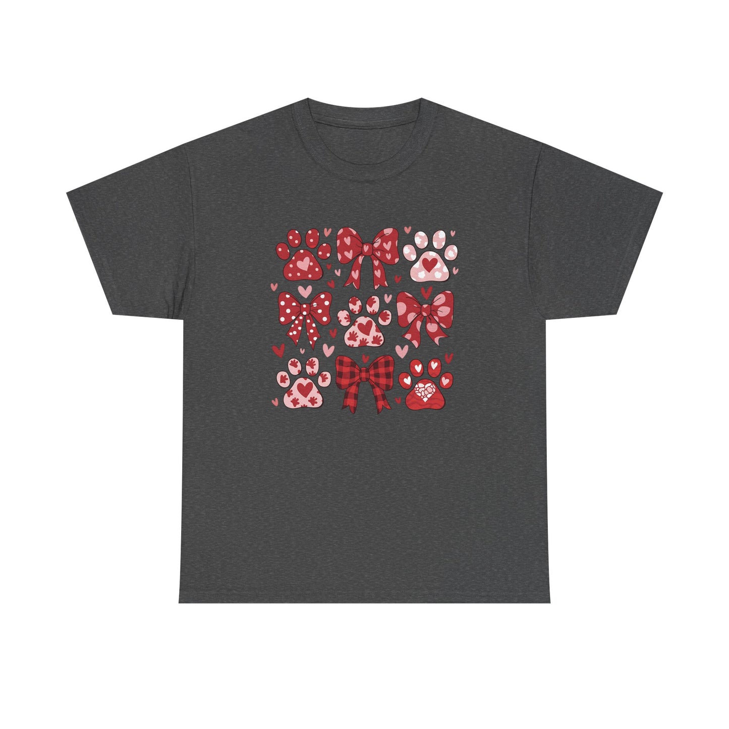 Red Paw Prints and Bows Tee | Cute Cat Dog Paw Heart Pattern