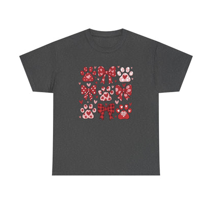 Red Paw Prints and Bows Tee | Cute Cat Dog Paw Heart Pattern