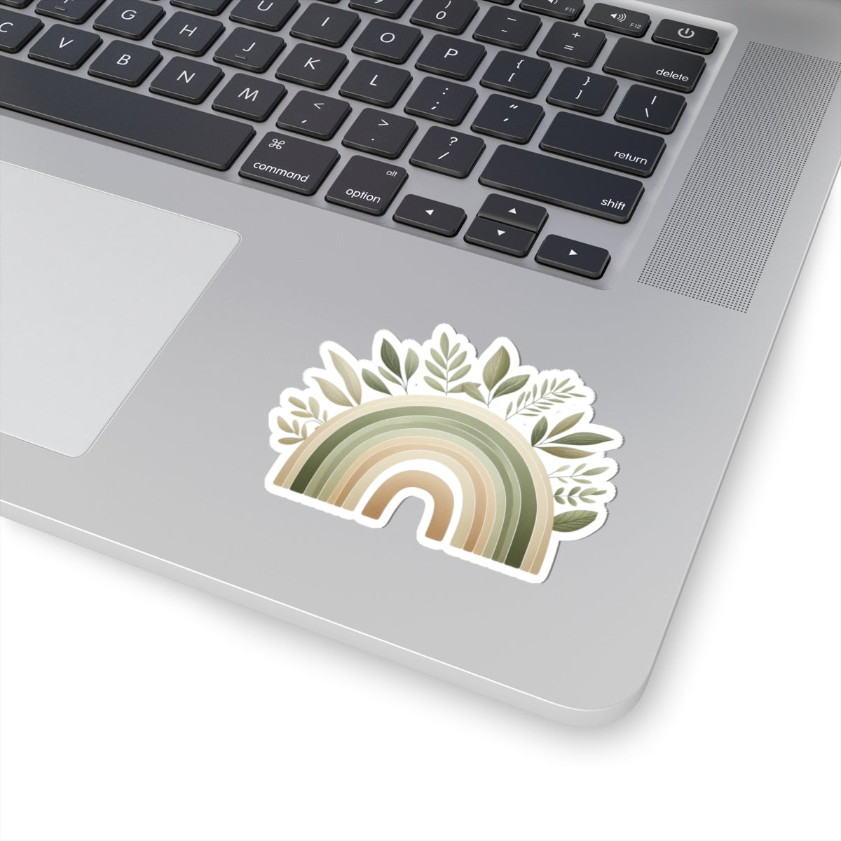 Neutral Boho Rainbow Kiss-Cut Sticker — Green Earthy Leaves Decal
