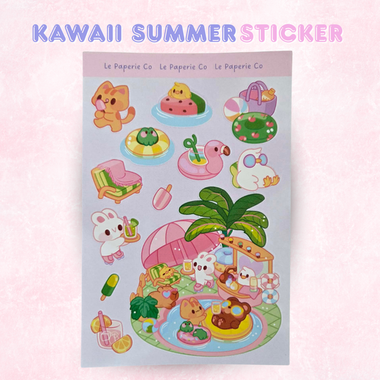 Kawaii Summer Sticker Sheet | Pastel Beach, Pool, Sun Characters