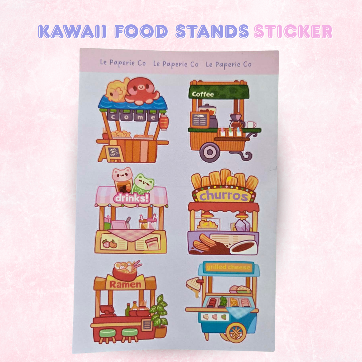 Kawaii Food Stands Sticker Sheet | Planner Laptop Decal (4x6 Inch)