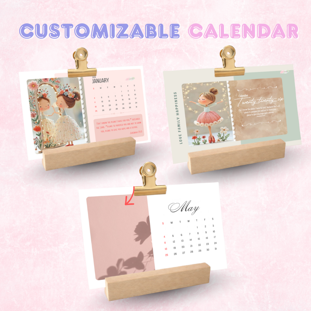 Customizable 2026 Calendar | Wood Block Stand and Clip included