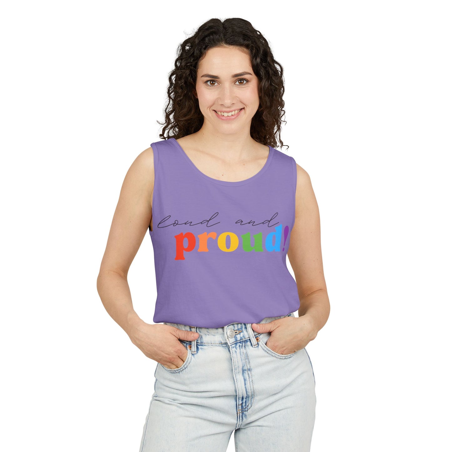 loud and proud! rainbow text Tank Top | Pride LGBTQ+ apparel