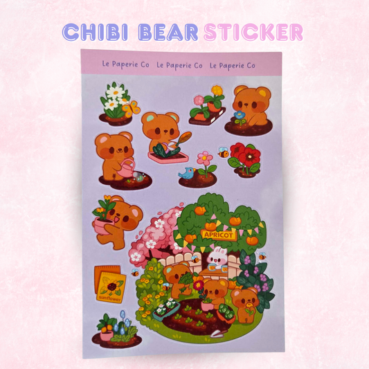 Chibi Bear Gardening Sticker Sheet | Kawaii Bear Laptop Decal (4x6 Inch)