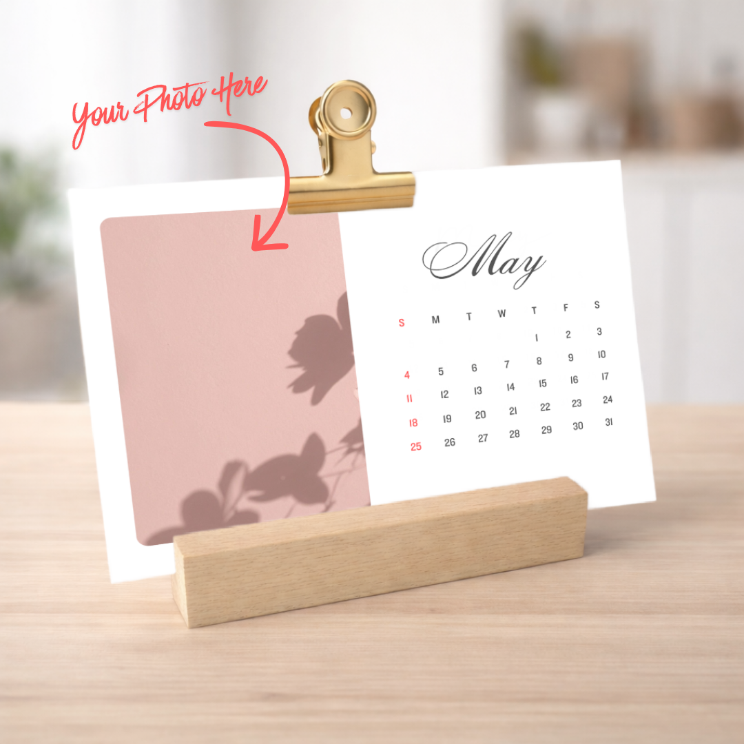 Customizable 2026 Calendar | Wood Block Stand and Clip included