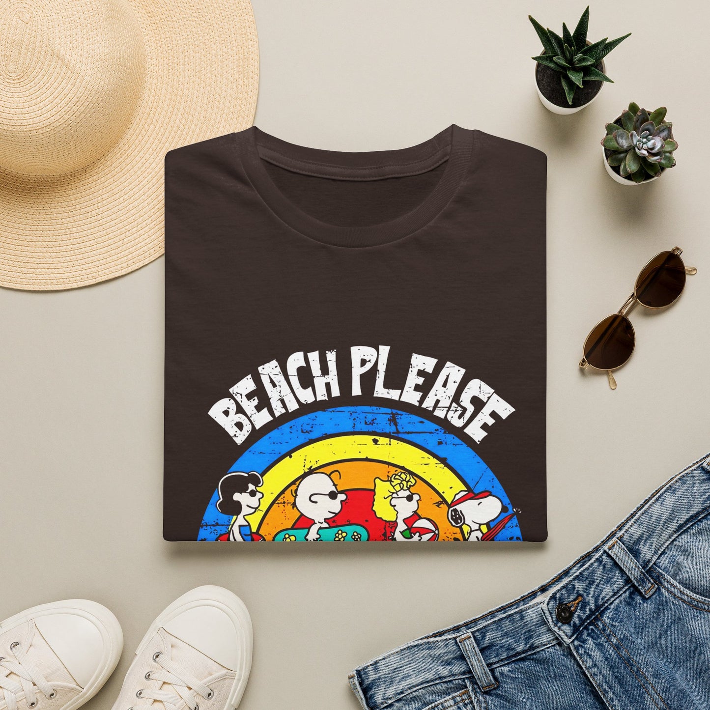Beach Please T-Shirt — Vintage Rainbow Snoopy Summer Tee
