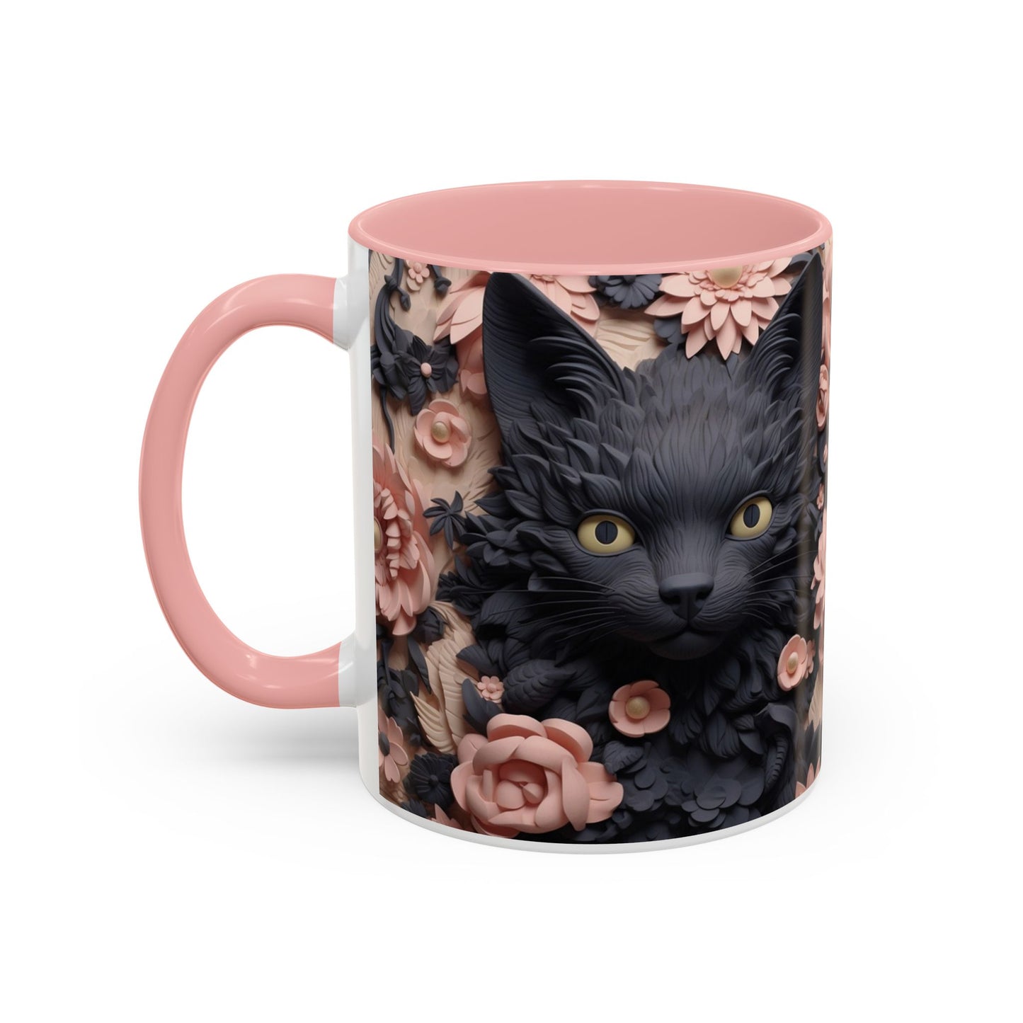 Black Cat & Pink Roses Accent Coffee Mug  11/15oz Floral Cat Art