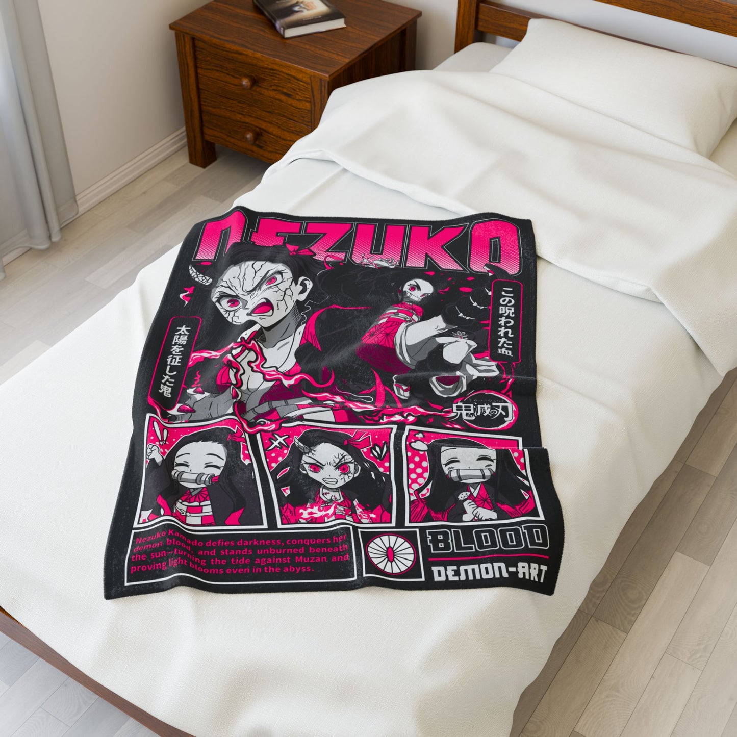Nezuko Anime Panel Velveteen Blanket | Demon Slayer Manga Art, Neon Pink Black