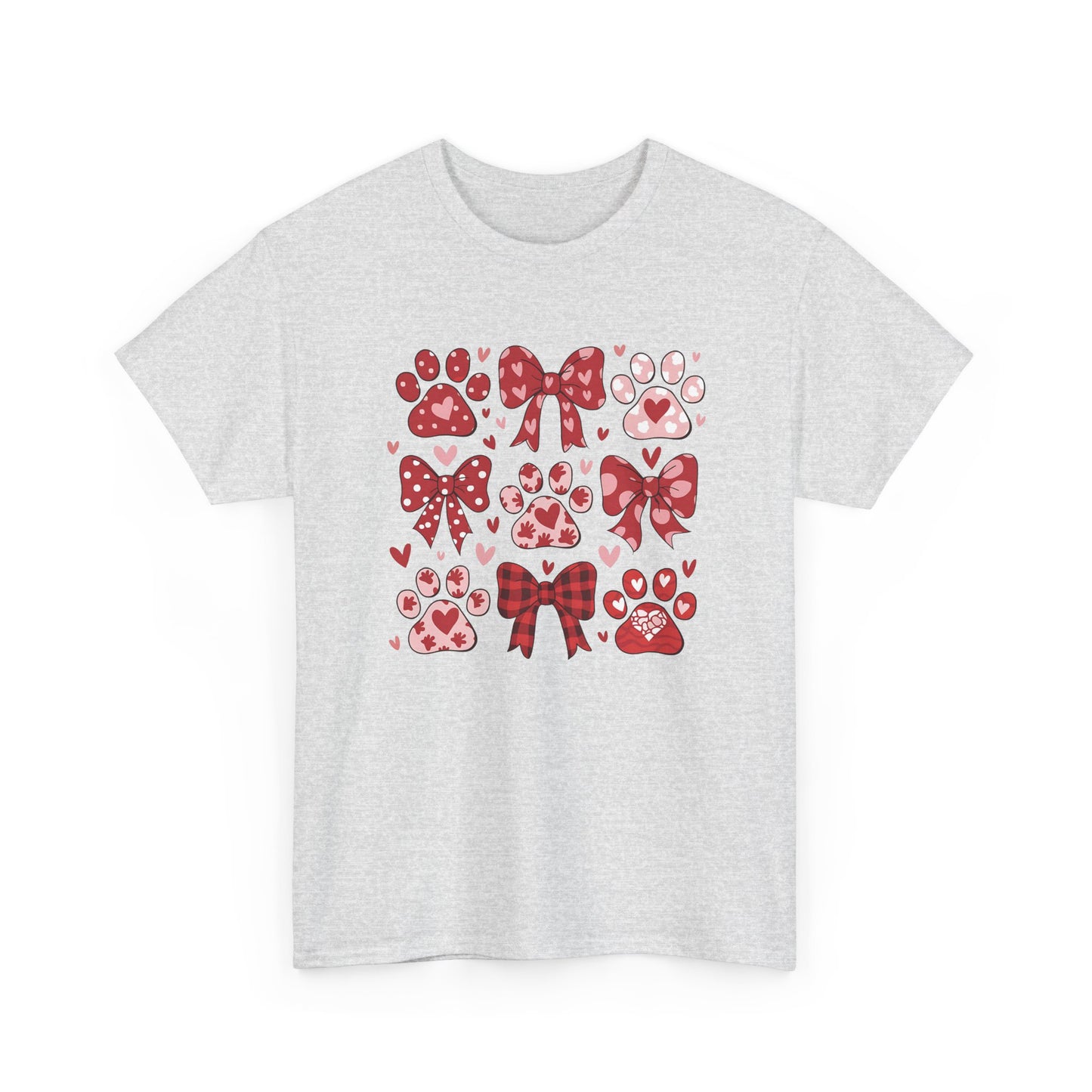 Red Paw Prints and Bows Tee | Cute Cat Dog Paw Heart Pattern