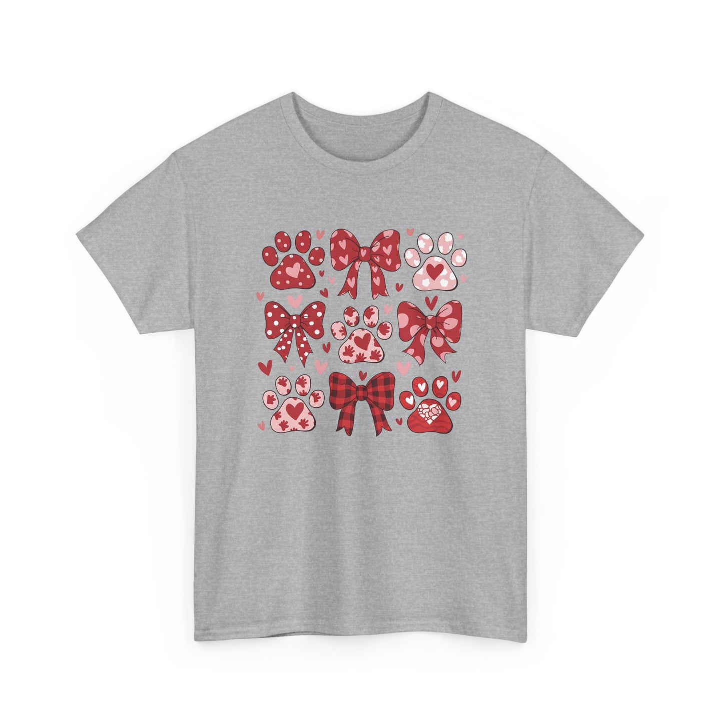 Red Paw Prints and Bows Tee | Cute Cat Dog Paw Heart Pattern