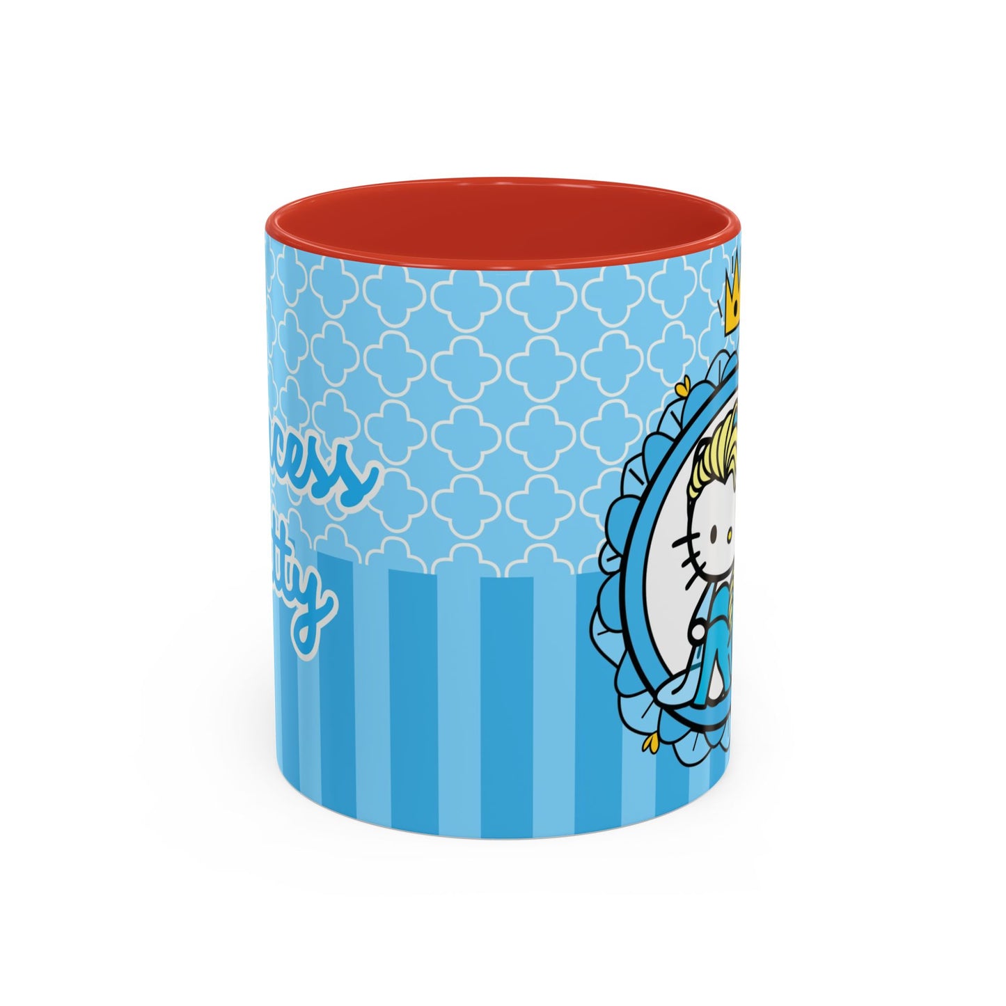 Princess Cat Illustration Accent Coffee Mug | Blue Striped Ceramic