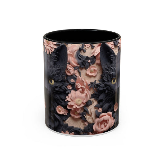 Black Cat & Pink Roses Accent Coffee Mug  11/15oz Floral Cat Art