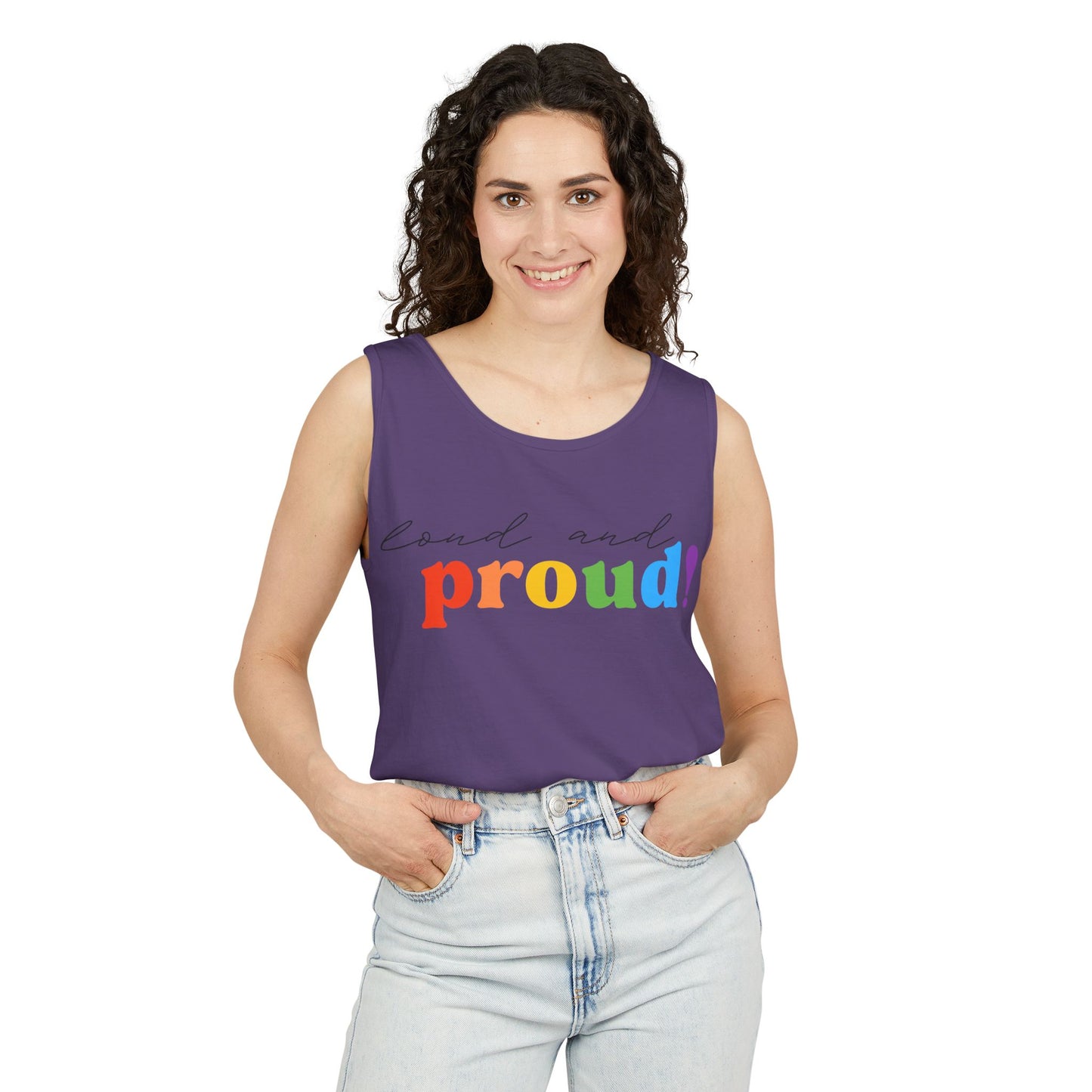 loud and proud! rainbow text Tank Top | Pride LGBTQ+ apparel