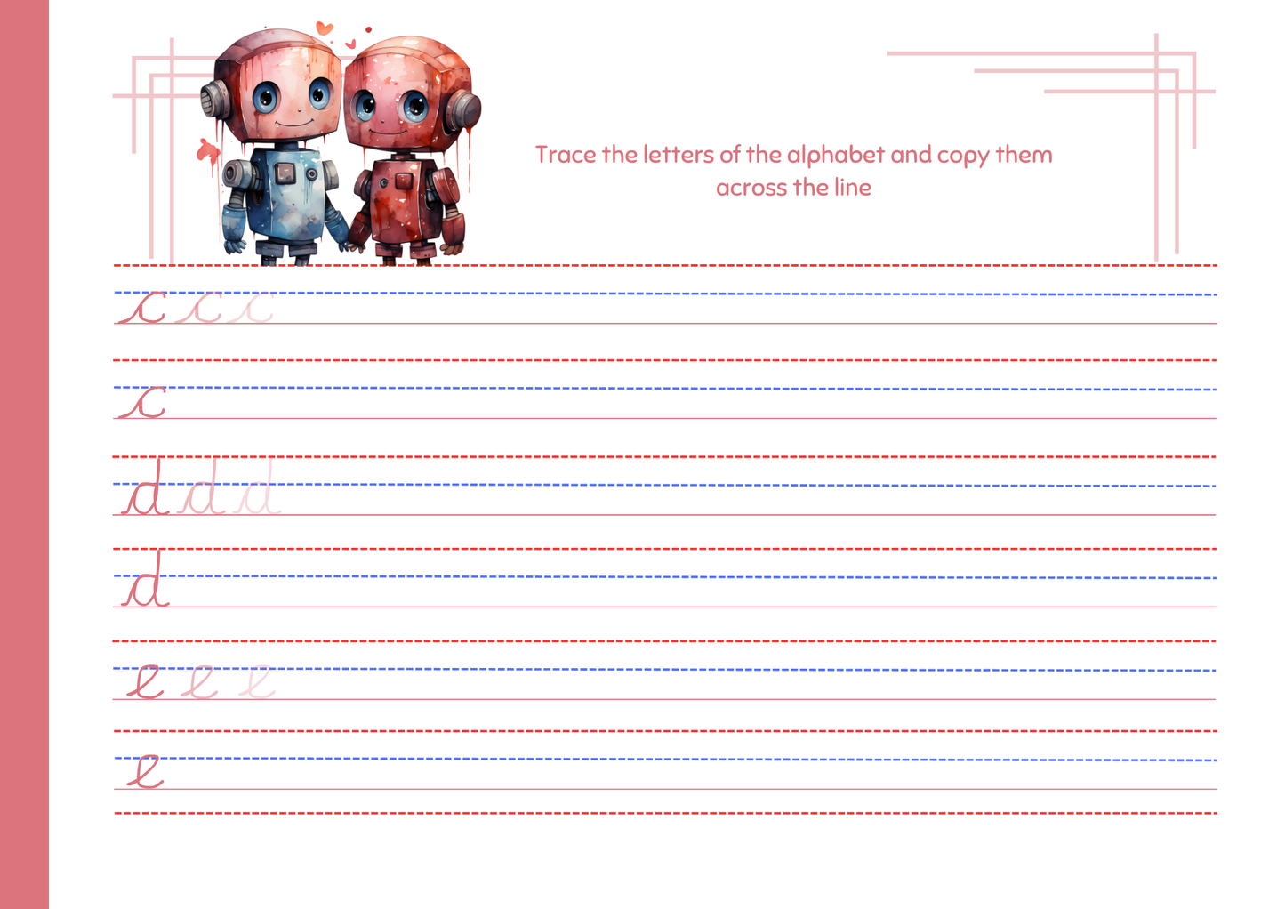 Cursive Letter Tracing Pad - Pink Robot Theme | Digital Download