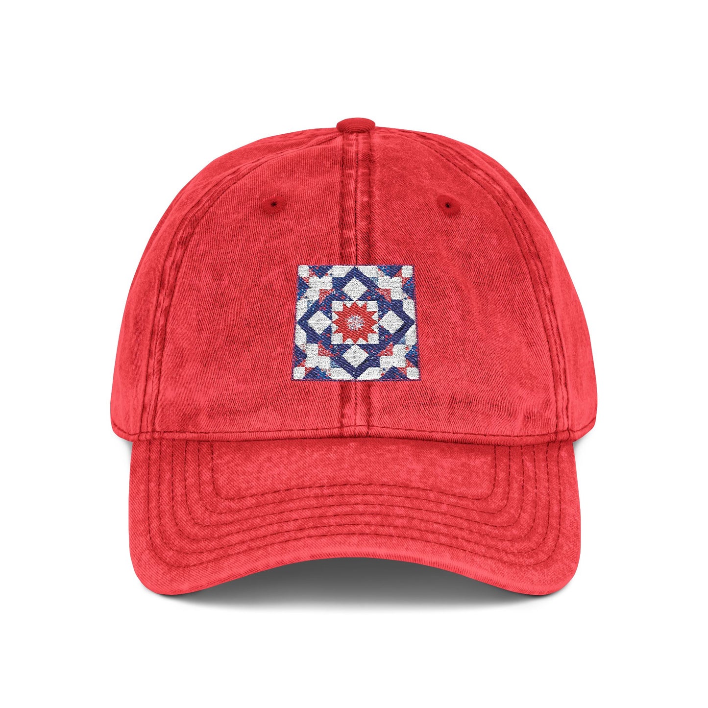 Embroidered Vintage Quilted Star Cap — Distressed Red Baseball Hat