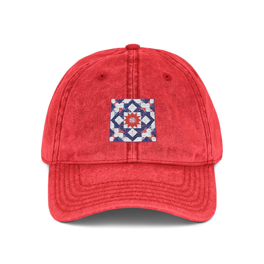 Embroidered Vintage Quilted Star Cap — Distressed Red Baseball Hat