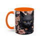 Black Cat & Pink Roses Accent Coffee Mug — 11/15oz Floral Cat Art