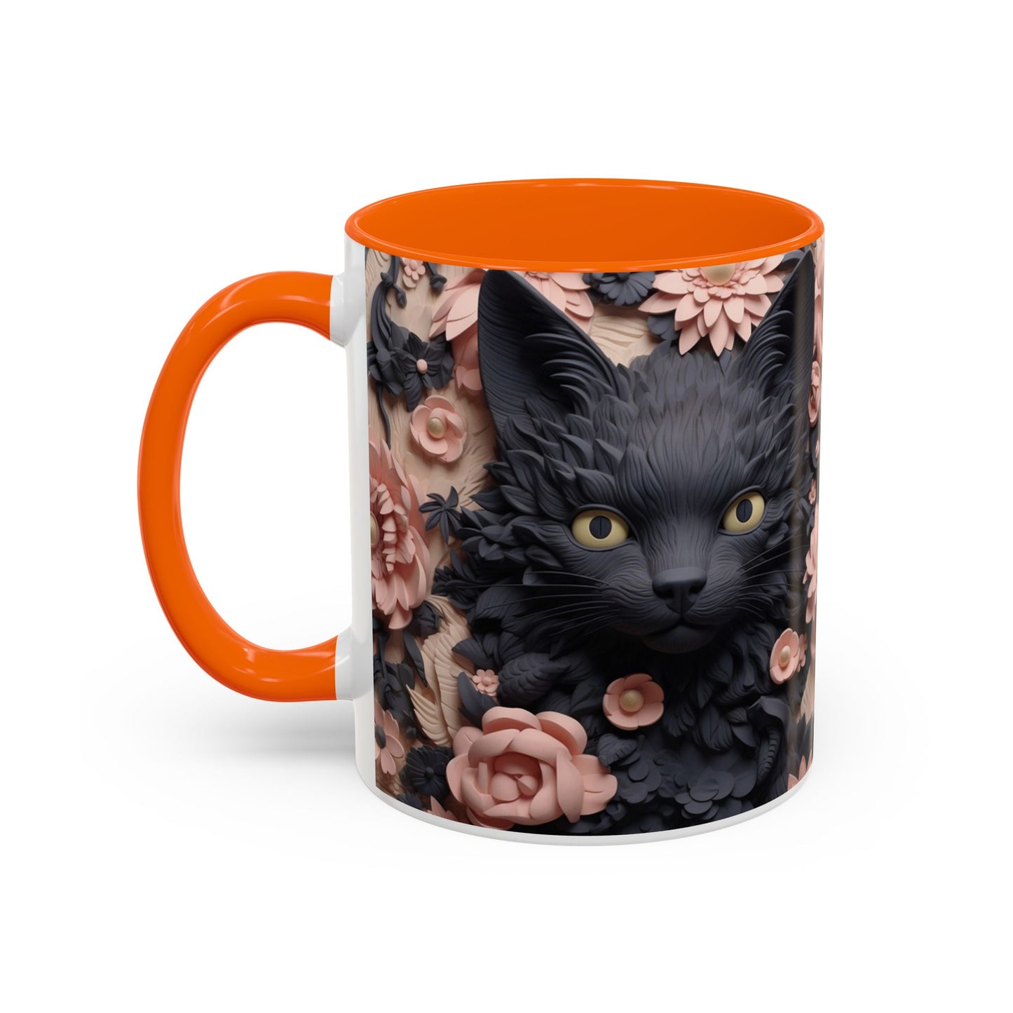 Black Cat & Pink Roses Accent Coffee Mug  11/15oz Floral Cat Art
