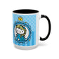 Princess Cat Illustration Accent Coffee Mug | Blue Striped Ceramic