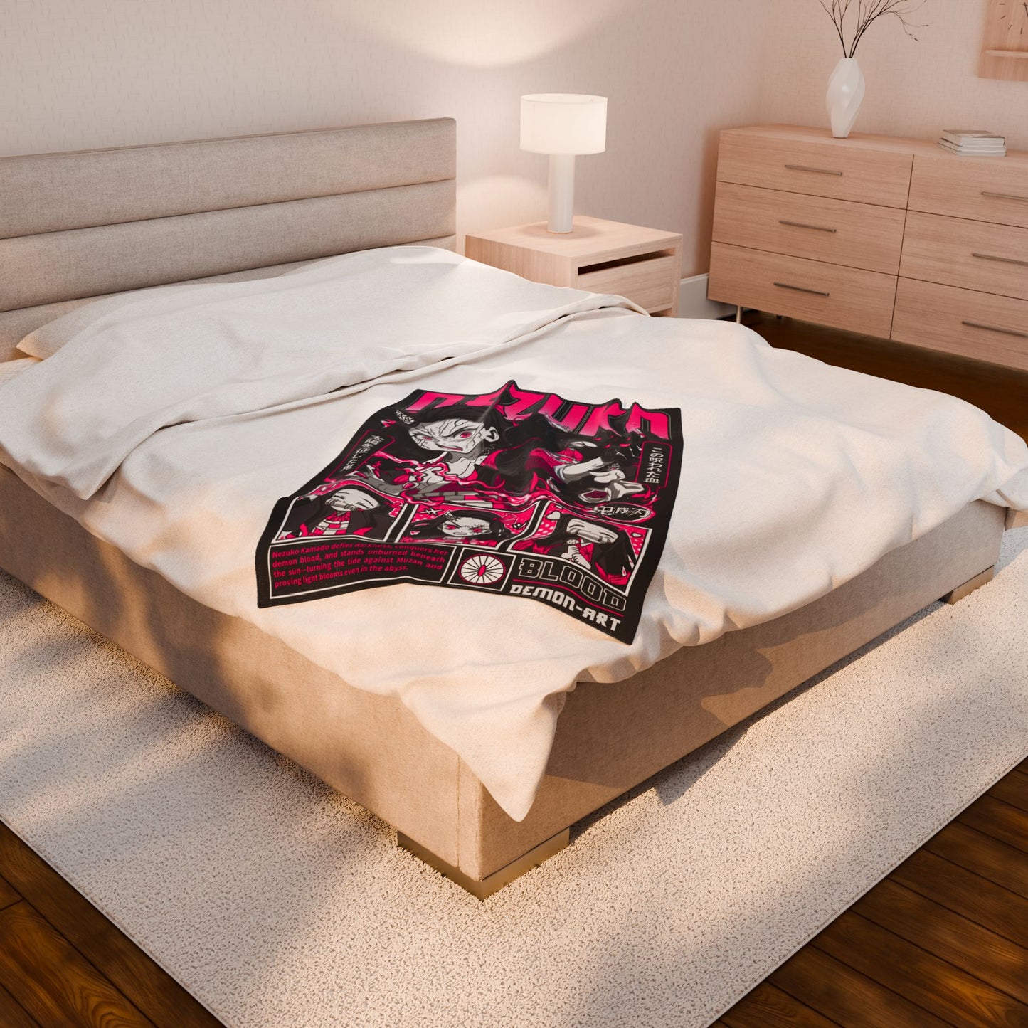 Nezuko Anime Panel Velveteen Blanket | Demon Slayer Manga Art, Neon Pink Black