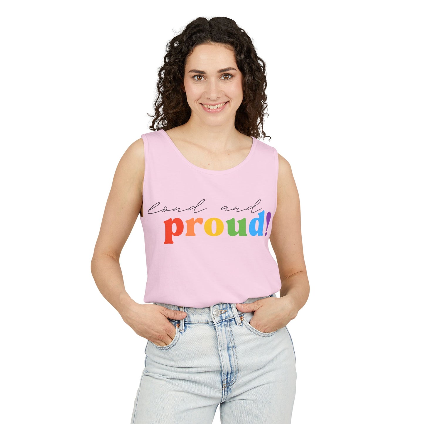 loud and proud! rainbow text Tank Top | Pride LGBTQ+ apparel