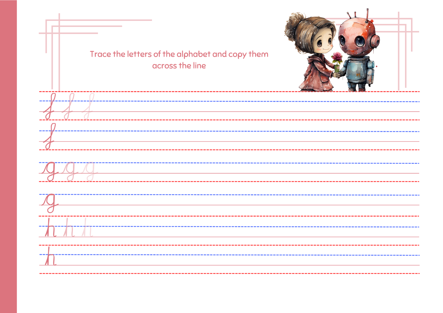 Cursive Letter Tracing Pad - Pink Robot Theme | Digital Download
