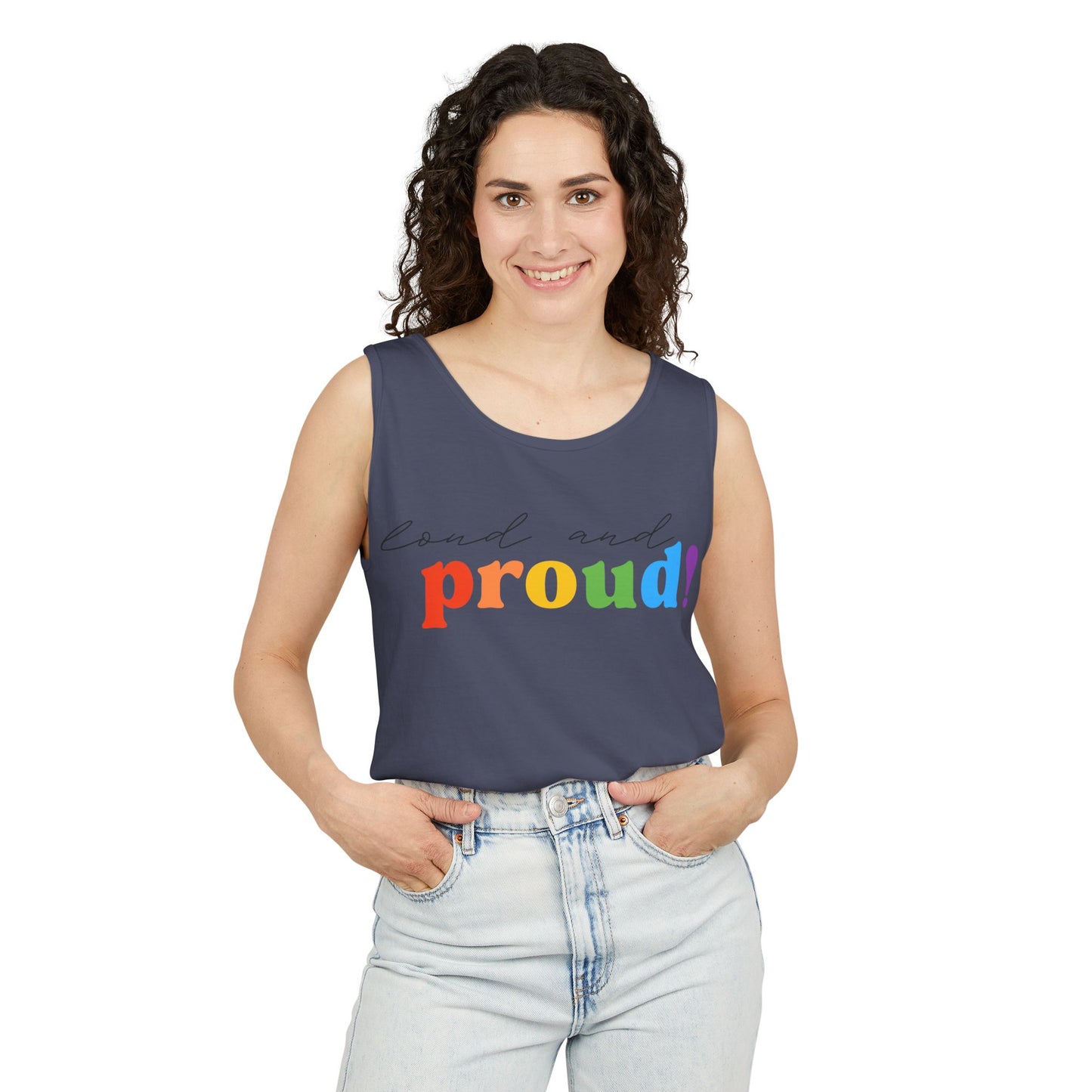 loud and proud! rainbow text Tank Top | Pride LGBTQ+ apparel