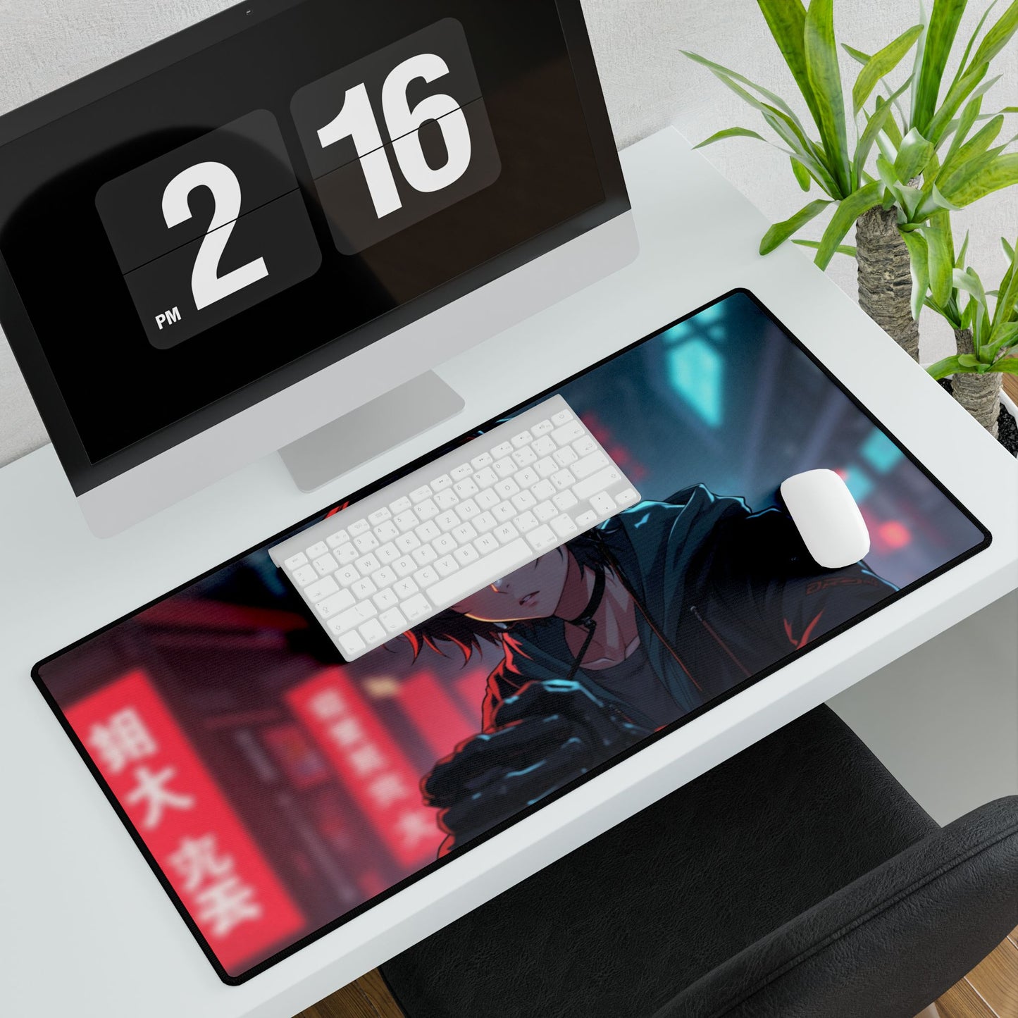 Cyberpunk Anime Gaming Desk Mat — Neon City Boy RGB Mousepad
