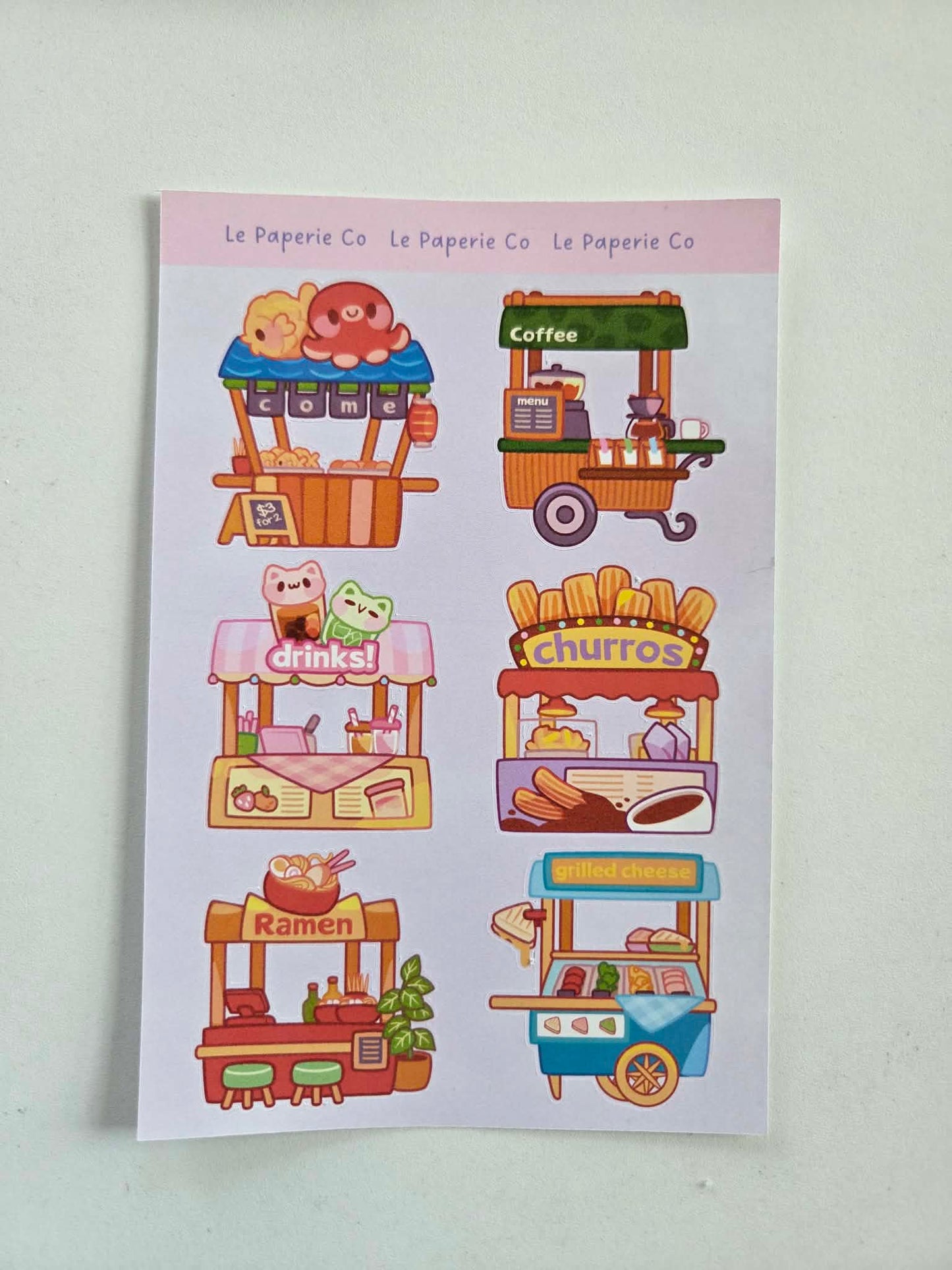 Kawaii Food Stands Sticker Sheet | Planner Laptop Decal (4x6 Inch)