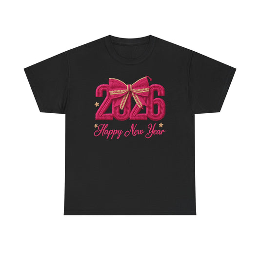 2026 Happy New Year Tee – Festive Pink Bow Celebration T-Shirt